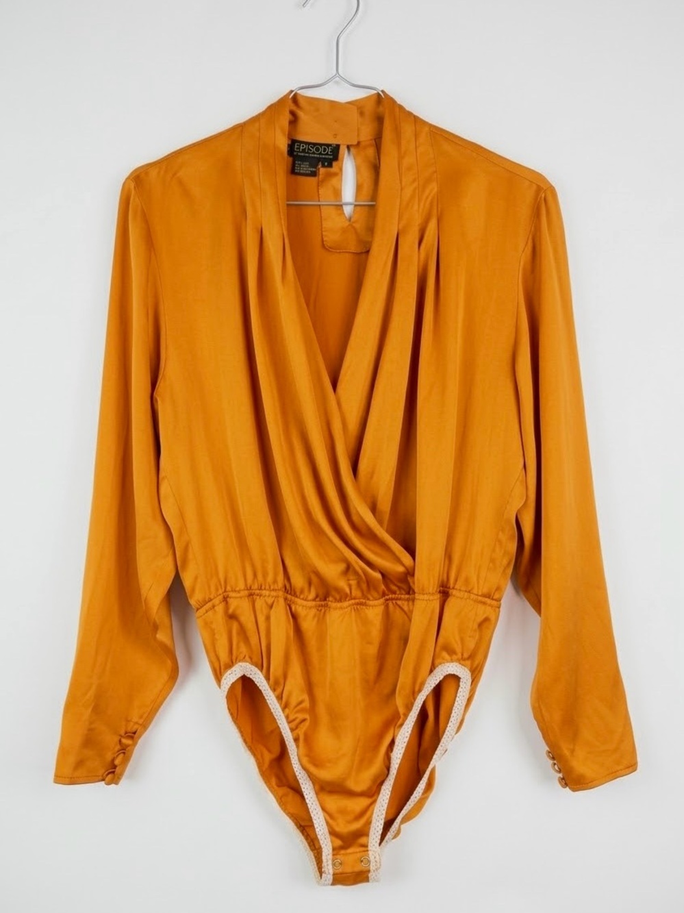 Vintage EPISODE 100% Silk Surplus Wrap Long Sleeve Bodysuit Marigold - Small